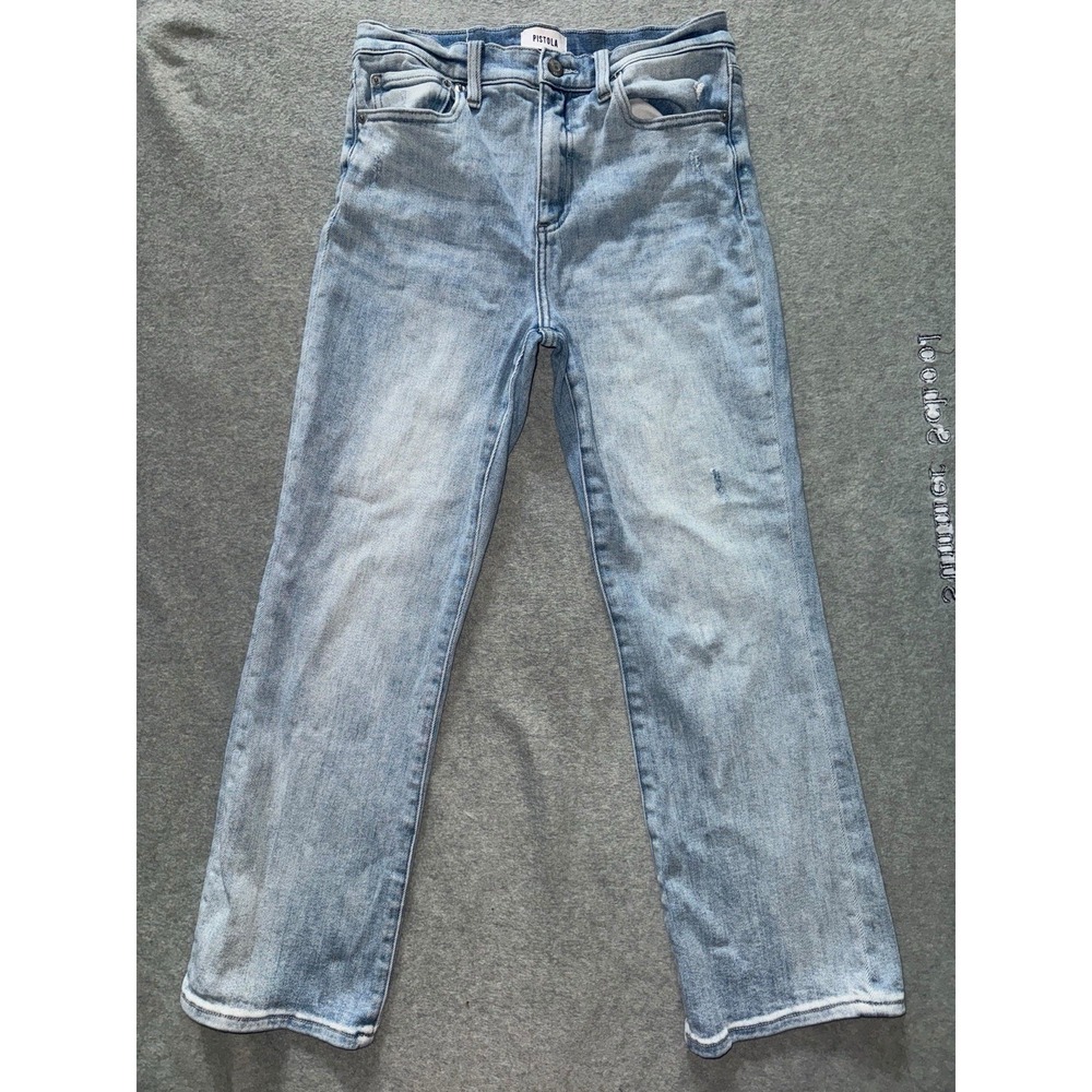 PISTOLA Women's Light Wash Blue Denim Straight Jeans Distressed 5-Pocket Sz 28